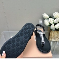 Purchase Miu Miu Nappa Leather Thong Flat Sandals with Crystals Strap Black/Clear 327079