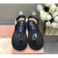 Best Product Miu Miu Riviere Cord and Leather Thong Flat Sandals Navy Blue 327082