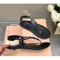 Best Product Miu Miu Riviere Cord and Leather Thong Flat Sandals Navy Blue 327082