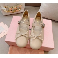 Best Grade Miu Miu Ballerinas Flat Mary Janes in Calf Leather with Bow Nude 327088