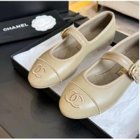 Best Design Chanel Mary Janes Shoes in Calfskin Leather with CC Logo CH4783 Beige