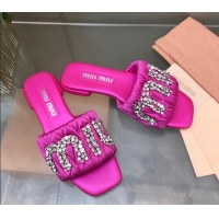 Most Popular Miu Miu Matelasse Satin Flat Slide Sandals with Crystals Logo Dark Pink 327095