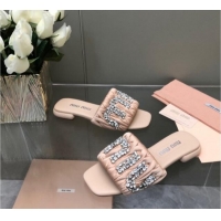 Purchase Miu Miu Matelasse Satin Flat Slide Sandals with Crystals Logo Nude 327097