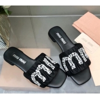 Perfect Miu Miu Matelasse Satin Flat Slide Sandals with Crystals Logo Black 327098