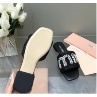 Perfect Miu Miu Matelasse Satin Flat Slide Sandals with Crystals Logo Black 327098