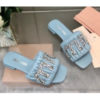 Shop Duplicate Miu Miu Matelasse Leather Flat Slide Sandals with Crystals Logo Blue 327100