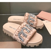 Lowest Price Miu Miu Matelasse Satin Platform Slide Sandals with Crystals Logo Nude 327103