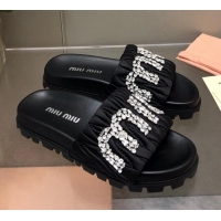 Popular Style Miu Miu Matelasse Satin Platform Slide Sandals with Crystals Logo Black 327105