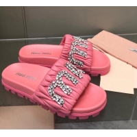 Perfect Miu Miu Matelasse Leather Platform Slide Sandals with Crystals Logo Pink 327107