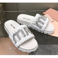 Good Quality Miu Miu Matelasse Leather Platform Slide Sandals with Crystals Logo White 327108