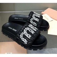 Top Design Miu Miu Matelasse Leather Platform Slide Sandals with Crystals Logo Black 327109