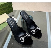 Pretty Style Gucci Horsebit 1955 High Heel Slide Sandals 9.5cm in GG Velvet Black 316001