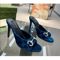 Best Product Gucci Horsebit 1955 High Heel Slide Sandals 9.5cm in GG Velvet Blue 316003