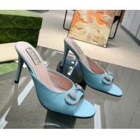 Top Grade Gucci Horsebit 1955 High Heel Slide Sandals 9.5cm in Calf Leather Light Blue 0316006