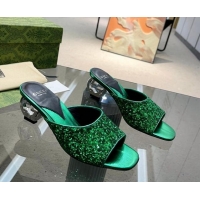 Good Quality Gucci Interlocking G Glitters Heel Slide Sandals 6cm Green 316010