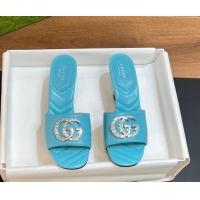 Unique Style Gucci Double G Mid-heel Slide Sandals 7.5cm with Crystals Blue 319004