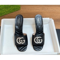 Luxury Gucci Double G Mid-heel Slide Sandals 7.5cm with Crystals Black 319001