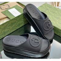 Top Design Gucci Rubber Platform Slide Sandals with Interlocking G All Black 319013