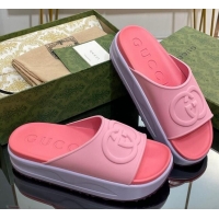 Good Quality Gucci Rubber Platform Slide Sandals with Interlocking G Light Pink/Pink 319016