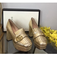 Good Product Gucci Leather Fringe Platform Pumps 8.5cm Gold 319018