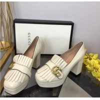 Best Grade Gucci Leather Fringe Platform Pumps 8.5cm White 319021