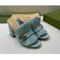 Purchase Gucci Leather Fringe Heel Slide Sandals 7cm Blue 319031