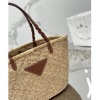 Promotional Prada Woven Palm and Leather Tote Bag 1BG314 Beige/Brown 2023