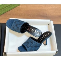 Most Popular Gucci Denim Heel Slide Sandals 7.5cm with Crystals GG Dark Blue 319048