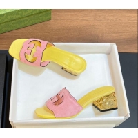 Good Looking Gucci Suede Metal-Tone Heel Slide Sandals 5.5cm with Interlocking G Cutout Pink/Yellow 319050