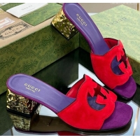 Grade Quality Gucci Suede Metal-Tone Heel Slide Sandals 5.5cm with Interlocking G Cutout Purple/Red 319054