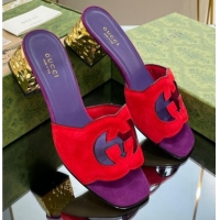 Grade Quality Gucci Suede Metal-Tone Heel Slide Sandals 5.5cm with Interlocking G Cutout Purple/Red 319054