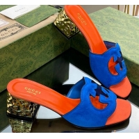 Pretty Style Gucci Suede Metal-Tone Heel Slide Sandals 5.5cm with Interlocking G Cutout Blue/Orange 319055