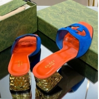 Pretty Style Gucci Suede Metal-Tone Heel Slide Sandals 5.5cm with Interlocking G Cutout Blue/Orange 319055