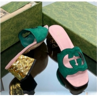 Best Grade Gucci Suede Metal-Tone Heel Slide Sandals 5.5cm with Interlocking G Cutout Green/Pink 319056