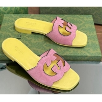 Best Price Gucci Suede Interlocking G Cut-out Flat Slide Sandal Pink/Yellow 319058