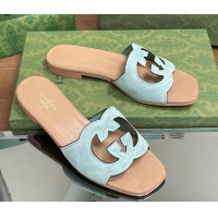 Low Cost Gucci Suede Interlocking G Cut-out Flat Slide Sandal Green/Beige 319059