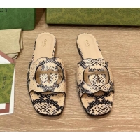 Cheap Price Gucci Snakeskin Printed Leather Flat Slide Sandals with Interlocking G Cut-out 319062