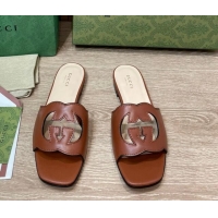 Perfect Gucci Leather Flat Slide Sandals with Interlocking G Cut-out Brown 319063