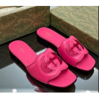 Classic Hot Gucci Leather Flat Slide Sandals with Interlocking G Cut-out Pink 319065