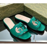 Charming Gucci Leather Flat Slide Sandals with Interlocking G Cut-out Green 319066