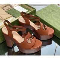 Good Product Gucci Leather Interlocking G Platform Sandals 12cm Brown 320009