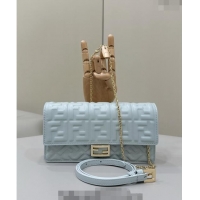 Top Quality Fendi Wallet On Chain Baguette Mini Bag in FF Nappa Leather 8638 Light Blue 2024