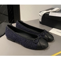 Best Price Chanel Tweed & Calfskin Classic Ballet Flat Dark Blue/Black 322056