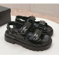 Good Quality Chanel Shiny Calfskin Strap Sandals Black 322059