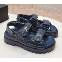 Best Grade Chanel Shiny Calfskin Strap Sandals Navy Blue 322061