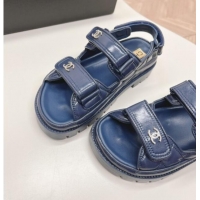 Best Grade Chanel Shiny Calfskin Strap Sandals Navy Blue 322061