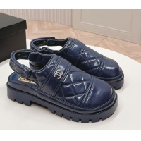 Good Quality Chanel Shiny Calfskin Slingback Shoes Navy Blue 322069