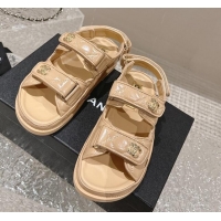 Good Looking Chanel Calfskin Strap Sandals with Metal-Tone CC Beige 322071