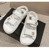 Perfect Chanel Calfskin Strap Sandals with Metal-Tone CC White 322072