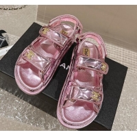 Best Product Chanel Calfskin Strap Sandals with Metal-Tone CC Pink 322074